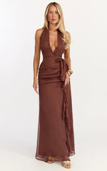Eleonor Maxi Dress - Plunge Halter Tiered Ruffle Front Split Dress in Chocolate