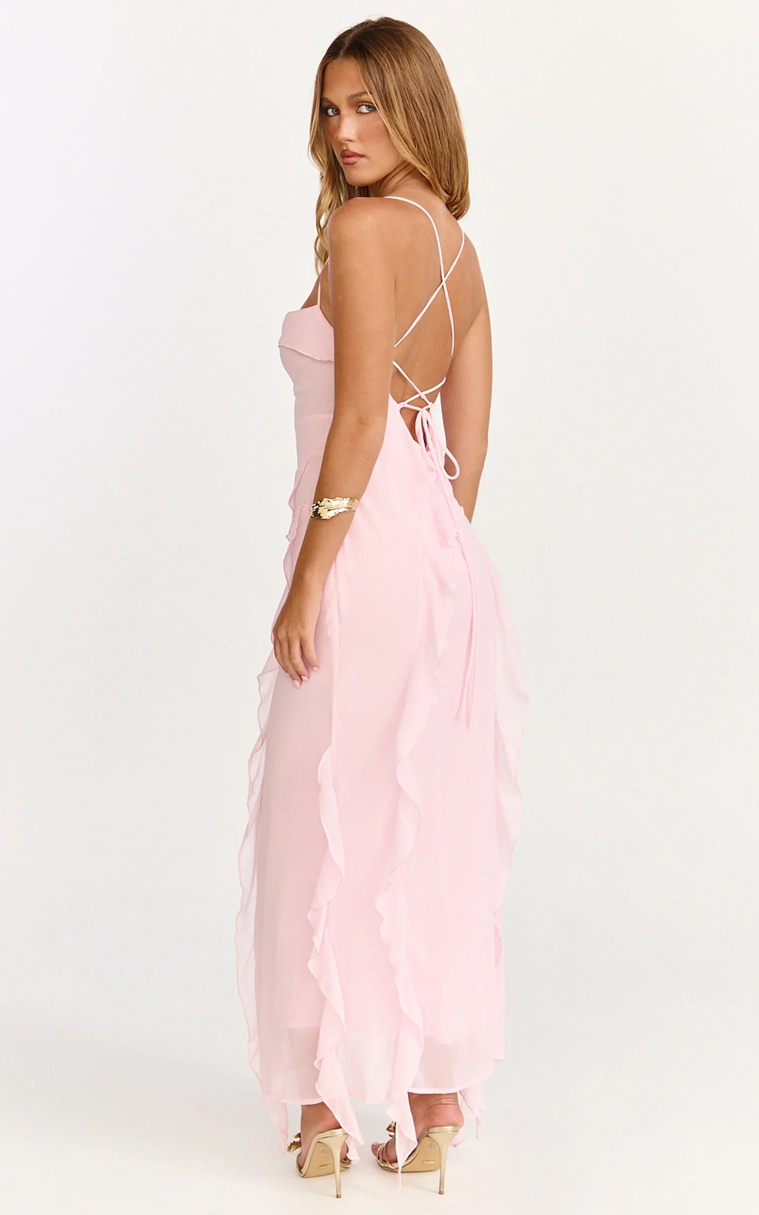 Connie Midi Dress - Ruffle Detail Dress in Pink