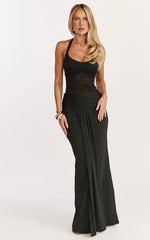 Melville Maxi Dress - Lace Bodice Draped Front Halter Dress in Black