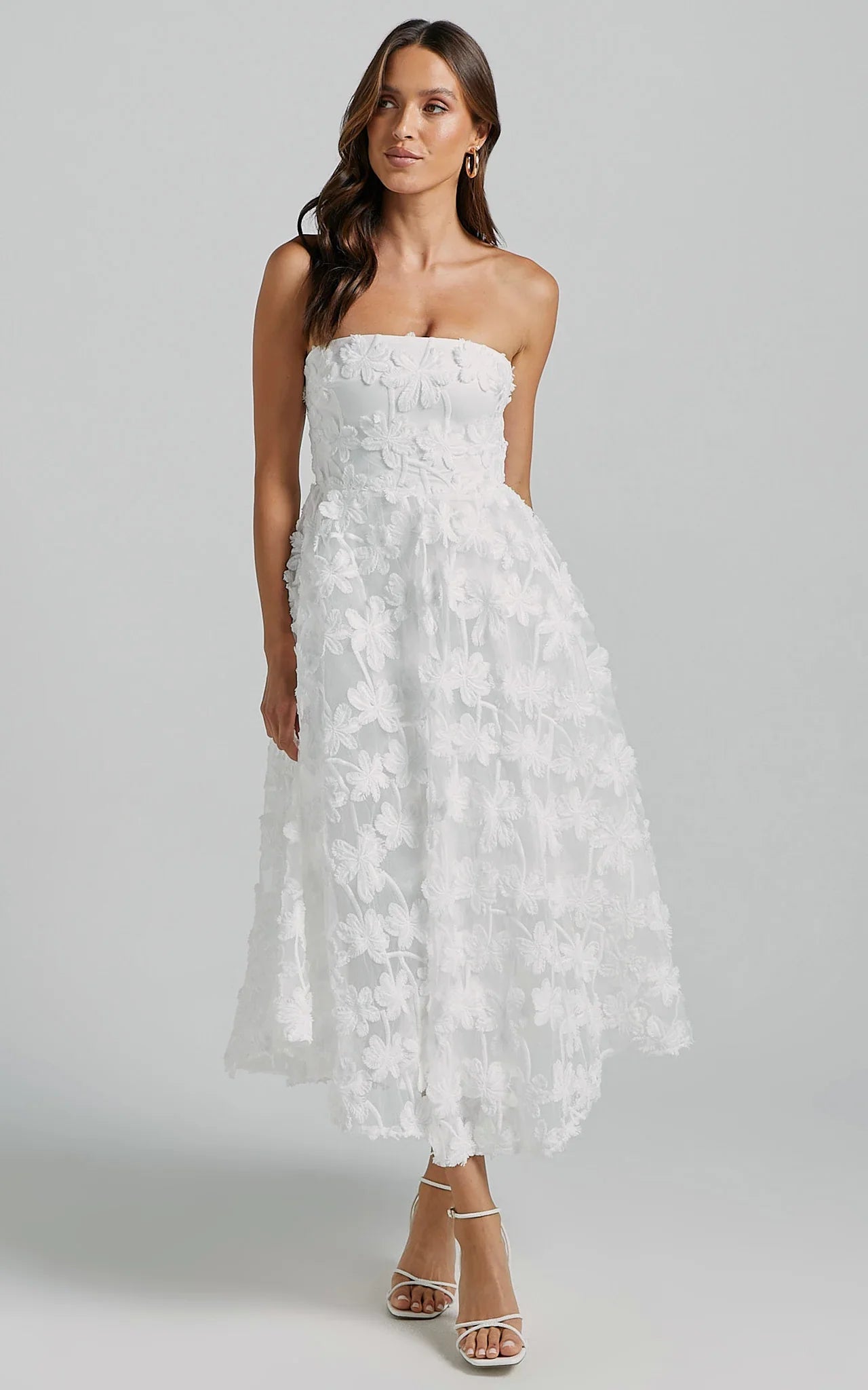 Rheiva Midi Dress - Strapless 3D Embroidery Midi Dress in White