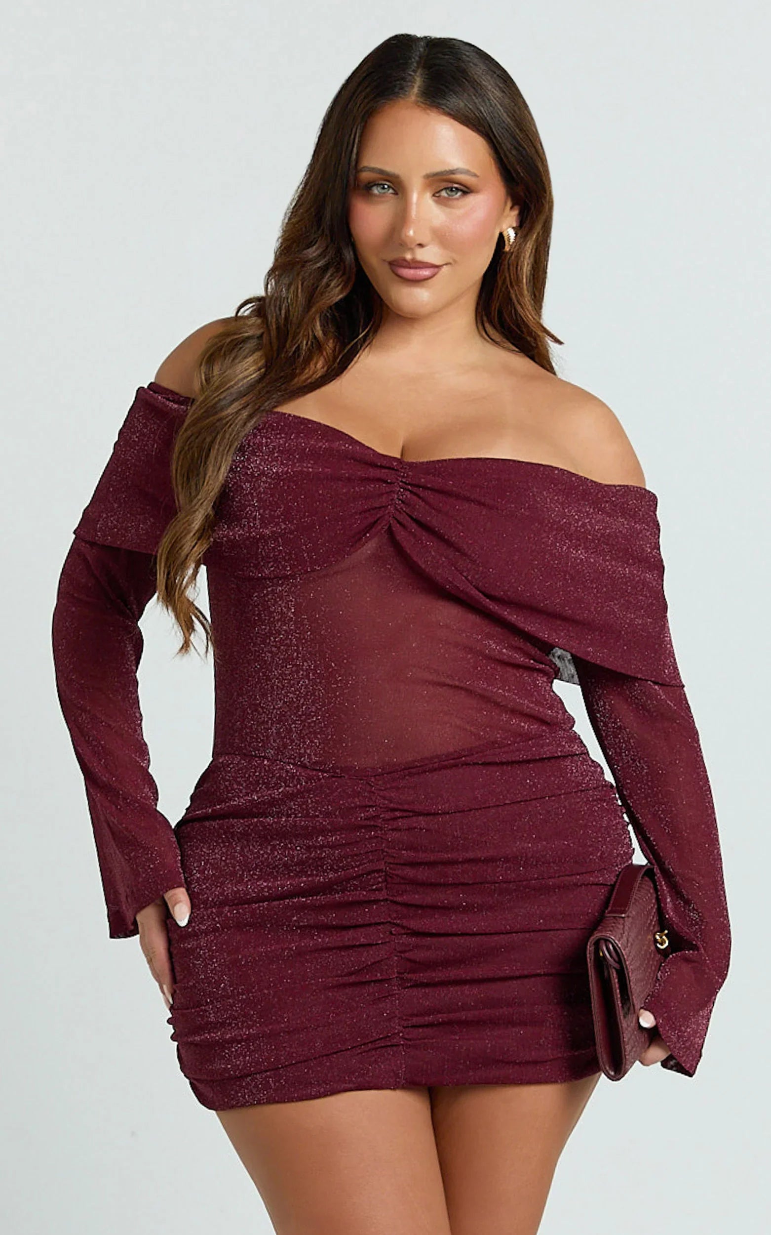 Rumi Mini Dress - Glitter Tulle Off Shoulder Ruched Dress in Wine