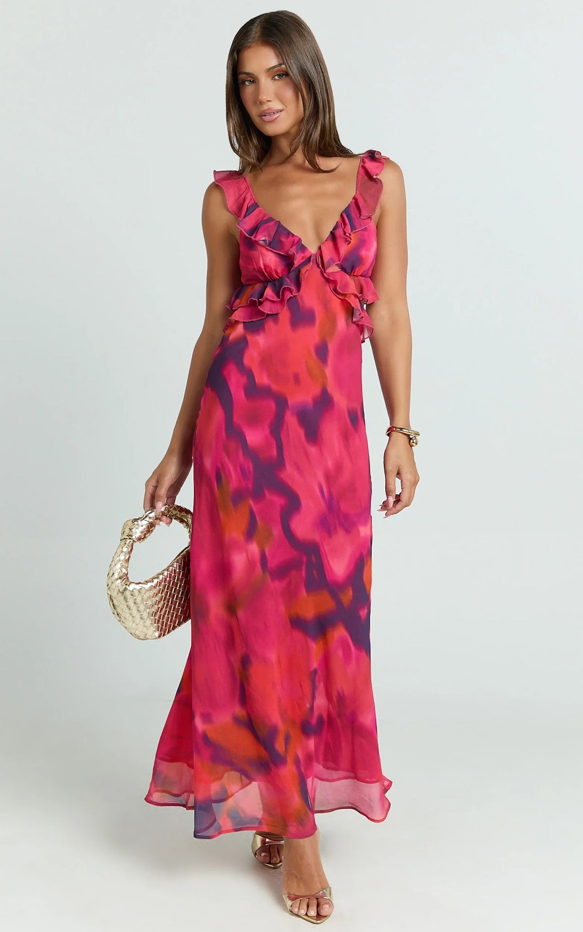 Alessa Maxi Dress - V Neck Frill Detail Empire Waist Back Cut Out Dress in Adeana Print