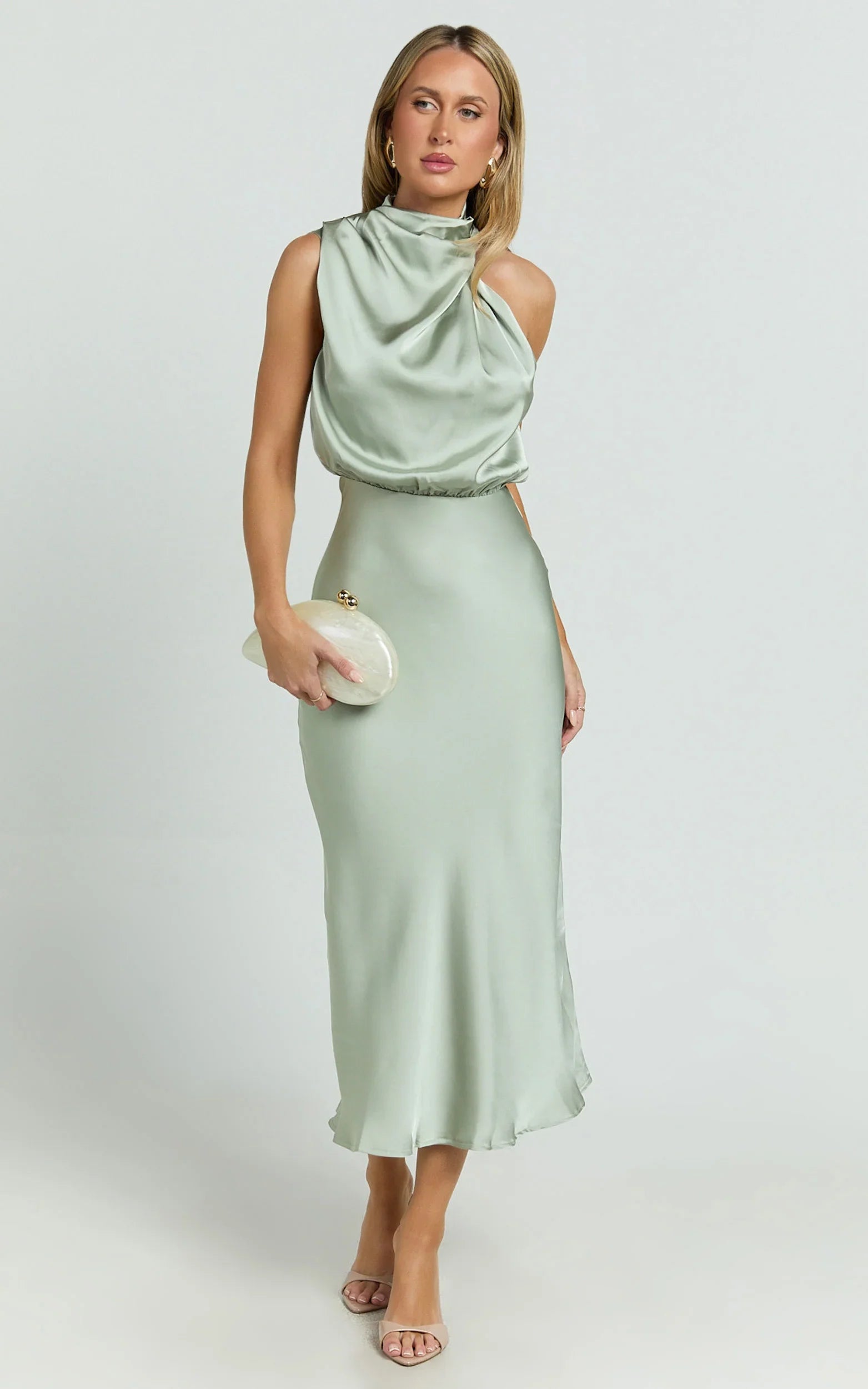 Minnie Midi Dress - Drape Neck Satin Slip Dress in Sage