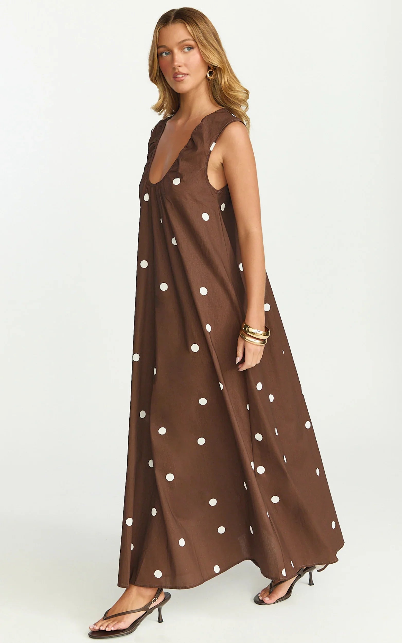 Simone Maxi Dress - U Halter Neck Linen Polkadot Dress in Chocolate