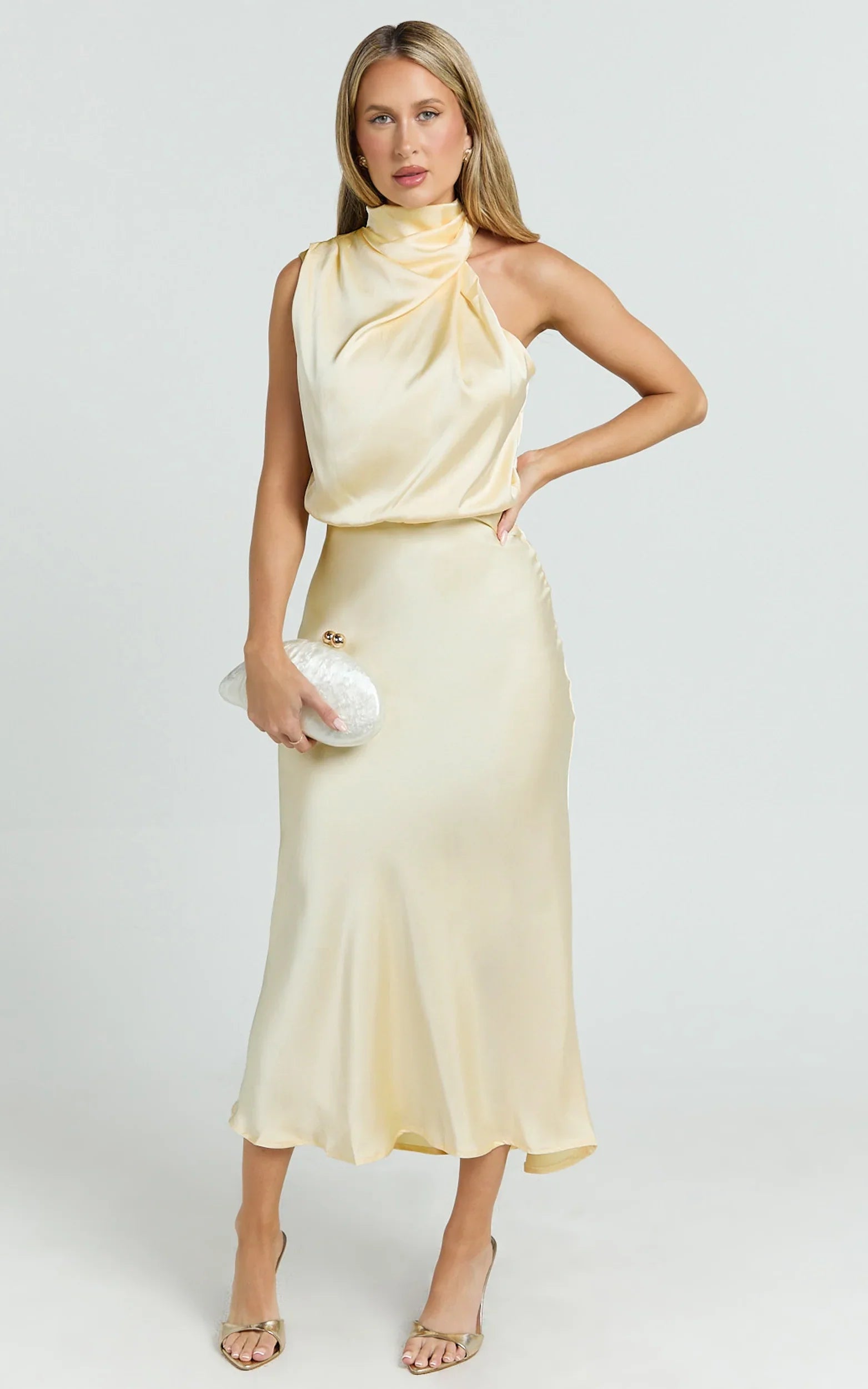 Minnie Midi Dress - Drape Neck Satin Slip Dress in Butter Yellow