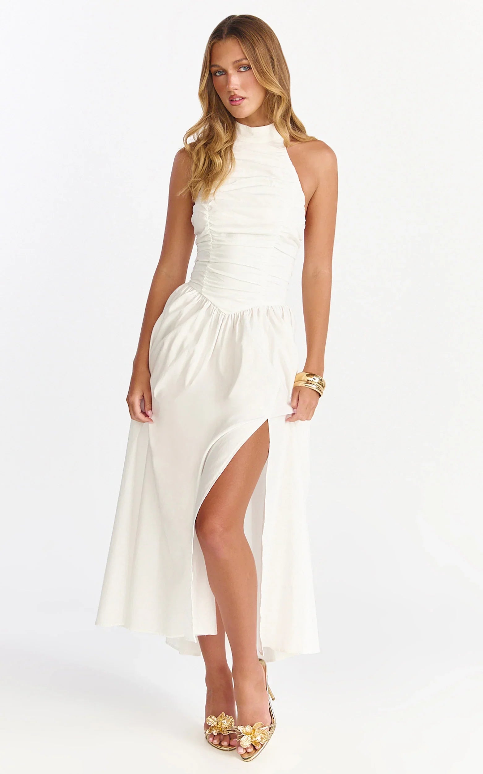 Anya Midi Dress - Halter Neck Ruched Drop Waist Dress in White