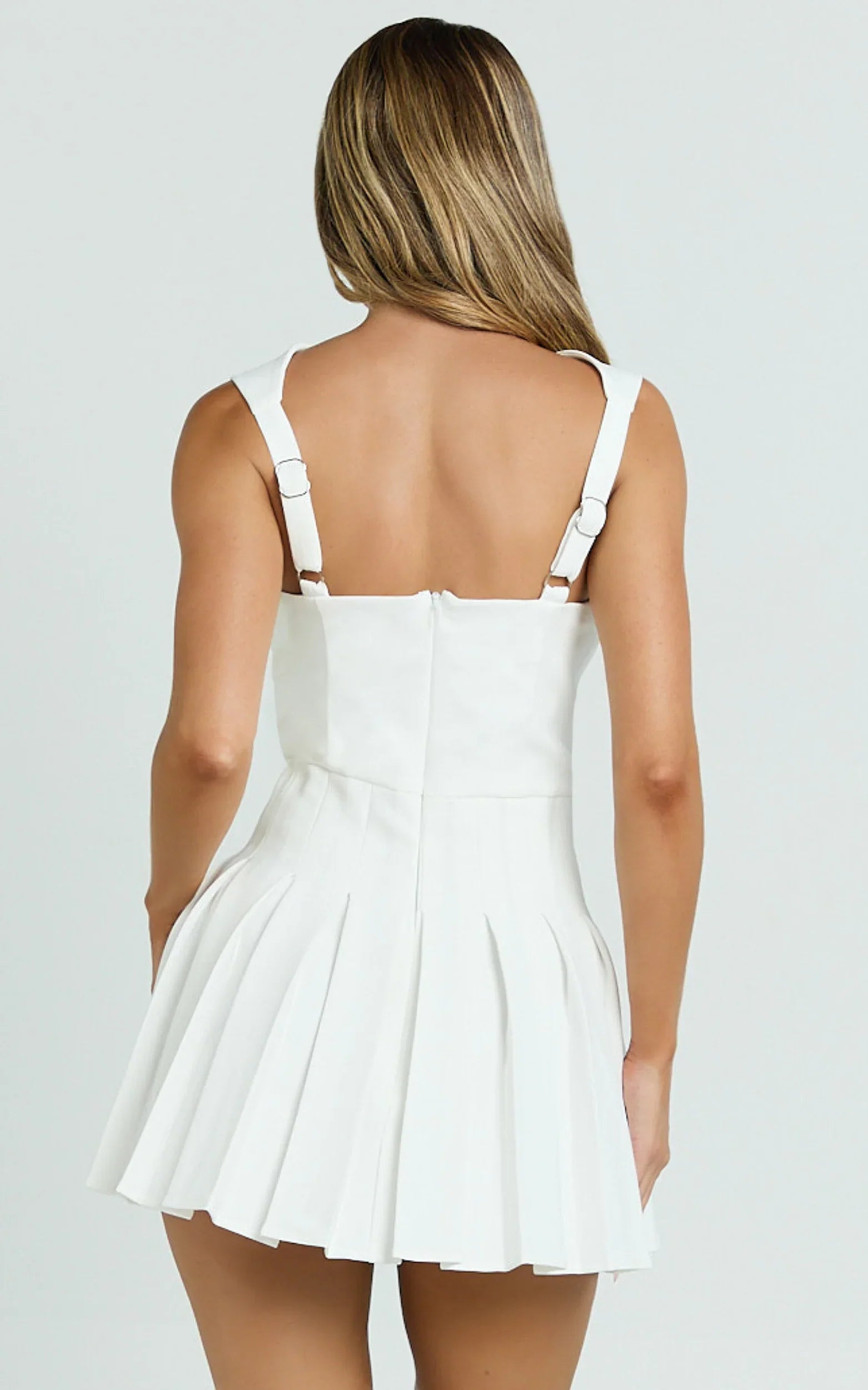 Wallace Mini Dress - Square Neck Wide Strap Drop Waist Pleated Dress in White