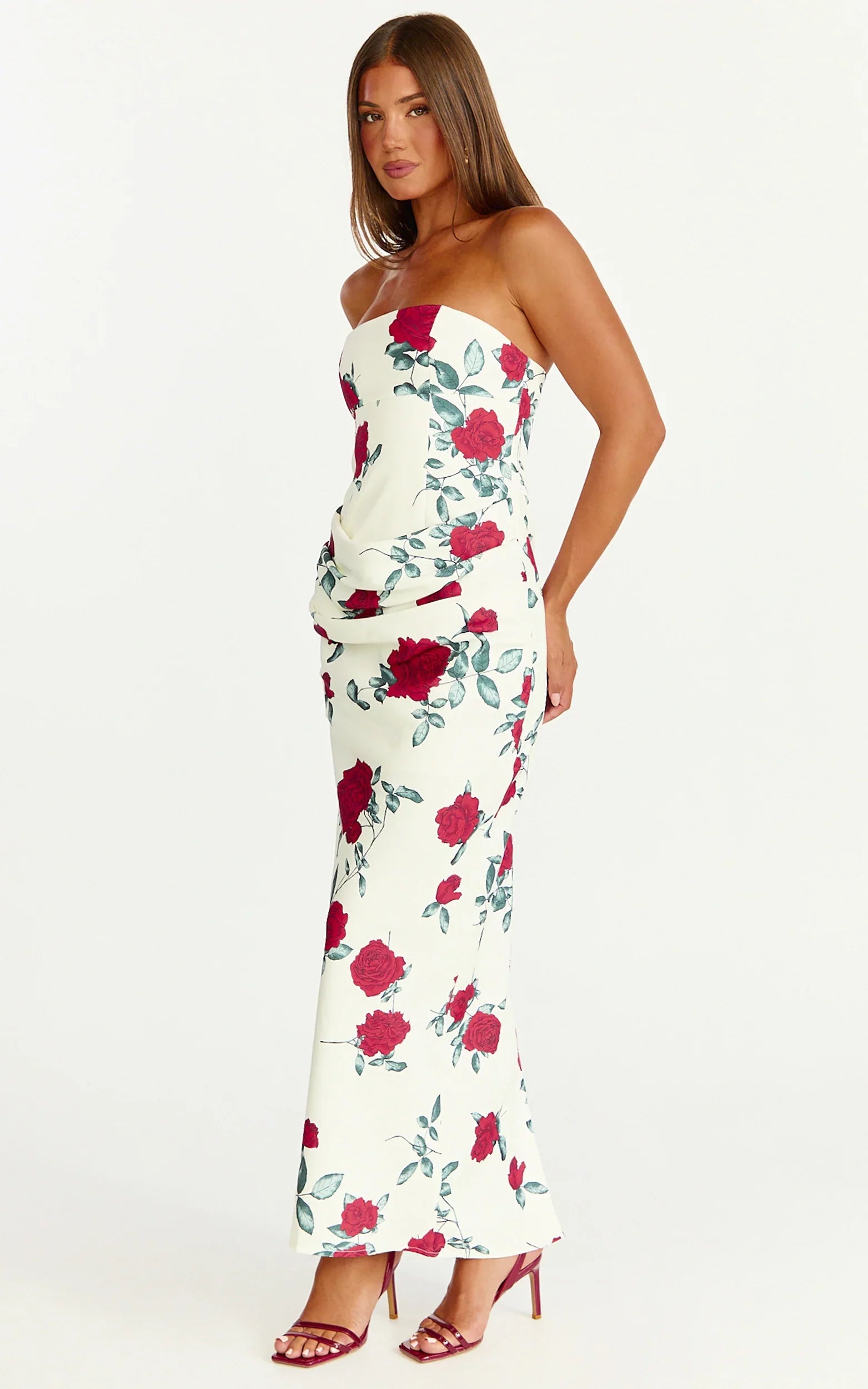 Dahlia Midi Dress - Strapless Draped Cowl Waist Fitted Dress in Scarlet Rose Print