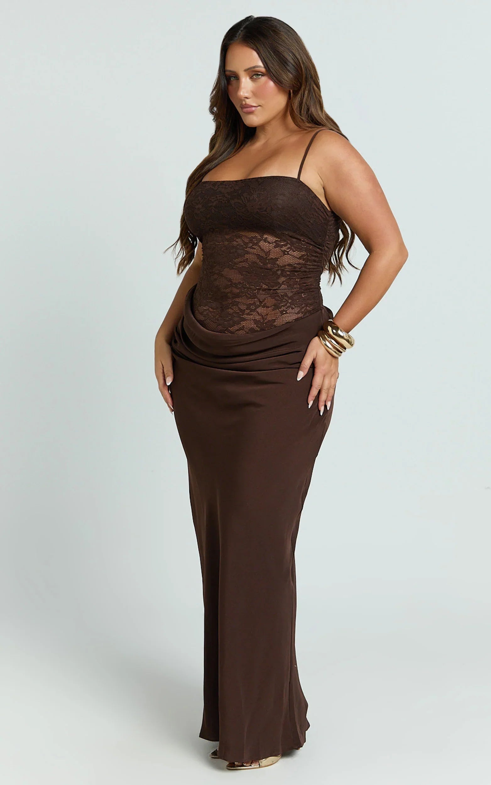Rania Maxi Dress - Contrast Lace Bodice Bias Cowl Drop Waist Dress in Chocolate